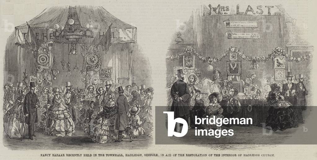 Fancy Bazaar recently held in the Townhall, Hadleigh, Suffolk, in Aid of the Restoration of the Interior of Hadleigh Church (engraving)