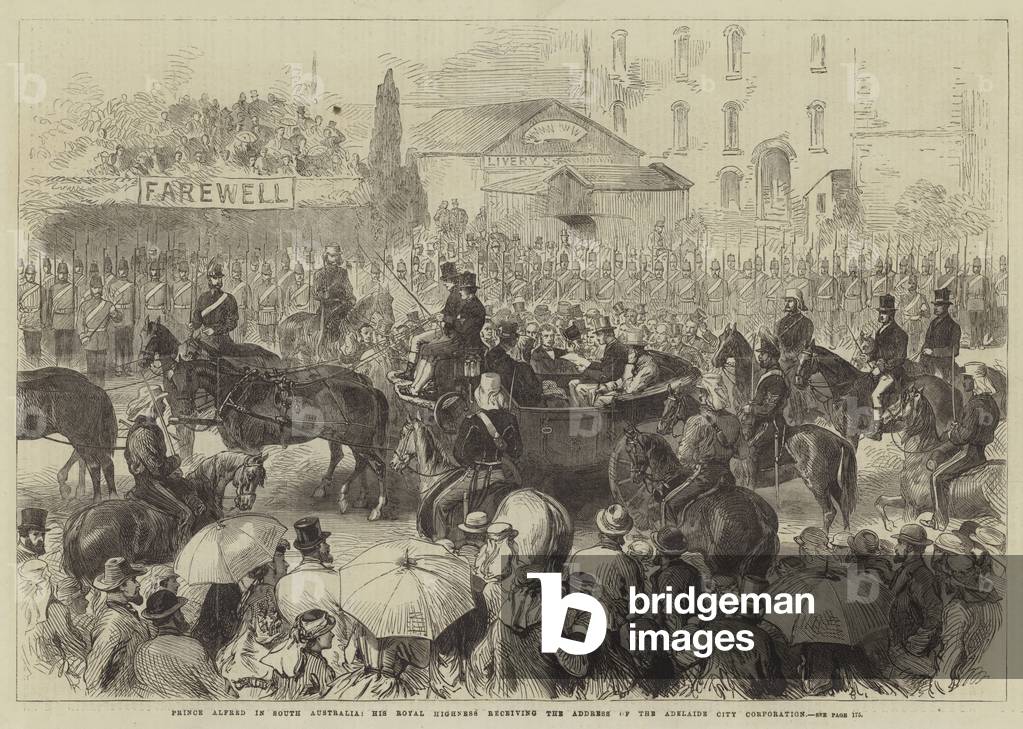 Prince Alfred in South Australia, His Royal Highness receiving the Address of the Adelaide City Corporation (engraving)