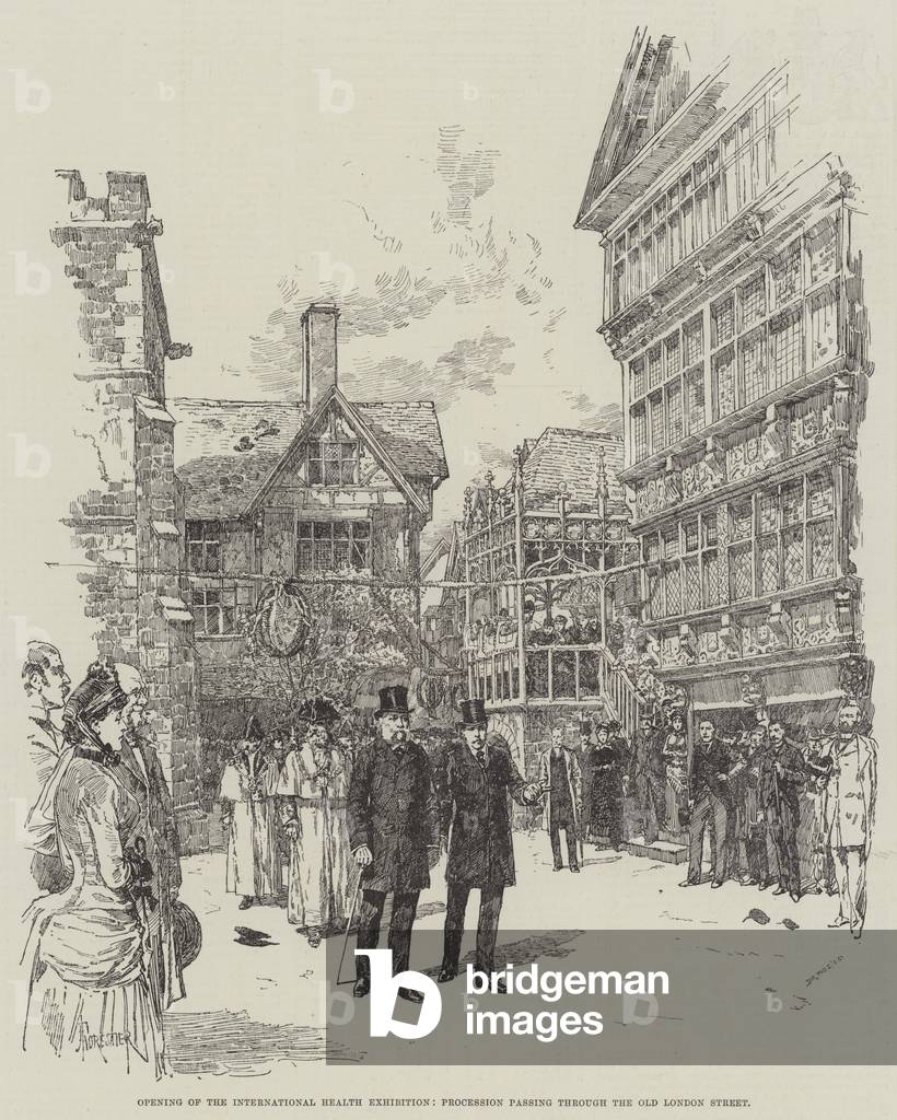 Opening of the International Health Exhibition, Procession passing through the Old London Street (engraving)