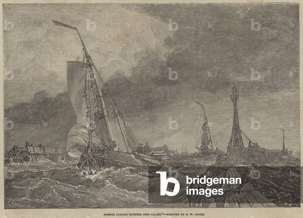 French Lugger running into Calais (engraving)