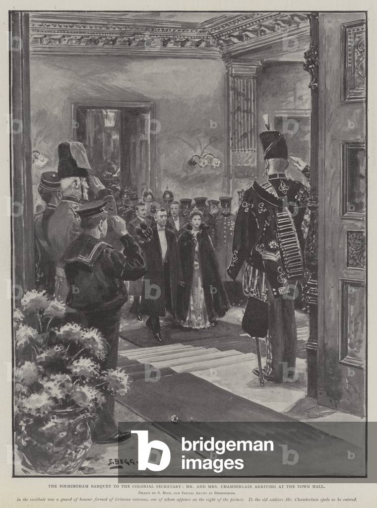 The Birmingham Banquet to the Colonel Secretary, Mr and Mrs Chamberlain arriving at the Town Hall (engraving)