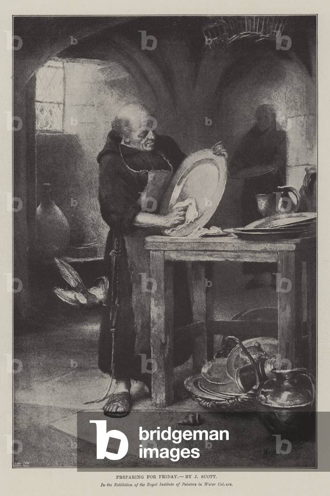 Preparing for Friday, in the Exhibition of the Royal Institute of Painters in Water Colours (litho)