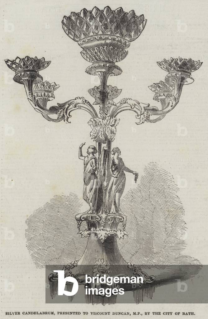Silver Candelabrum, presented to Viscount Duncan, MP, by the City of Bath (engraving)