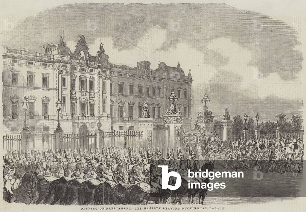 Opening of Parliament, Her Majesty leaving Buckingham Palace (engraving)