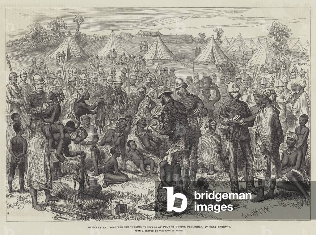 Officers and Soldiers purchasing Trinkets of Female Kaffir Prisoners, at Fort Fordyce (engraving)