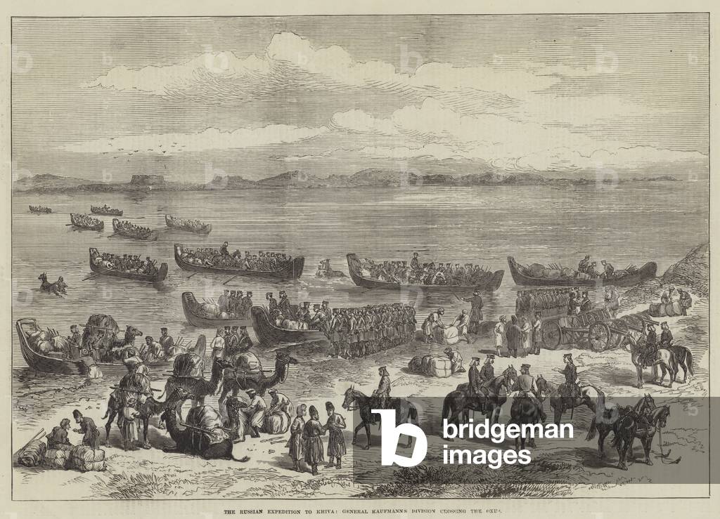 The Russian Expedition to Khiva, General Kaufmanns Division crossing the Oxus (engraving)