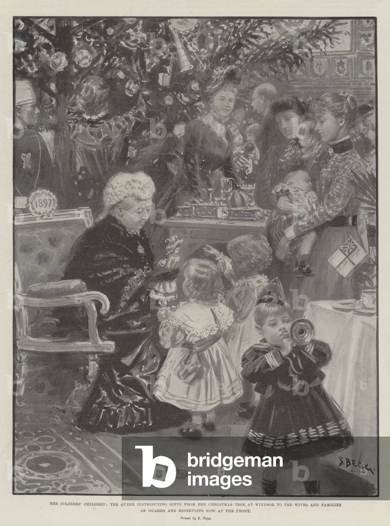 Her Soldier's Children, the Queen distributing Gifts from her Christmas Tree at Windsor to the Wives and Families of Guards and Reservists now at the Front (engraving)