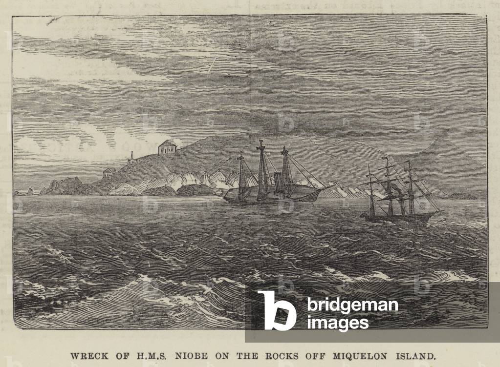 Wreck of HMS Niobe on the Rocks off Miquelon Island (engraving)