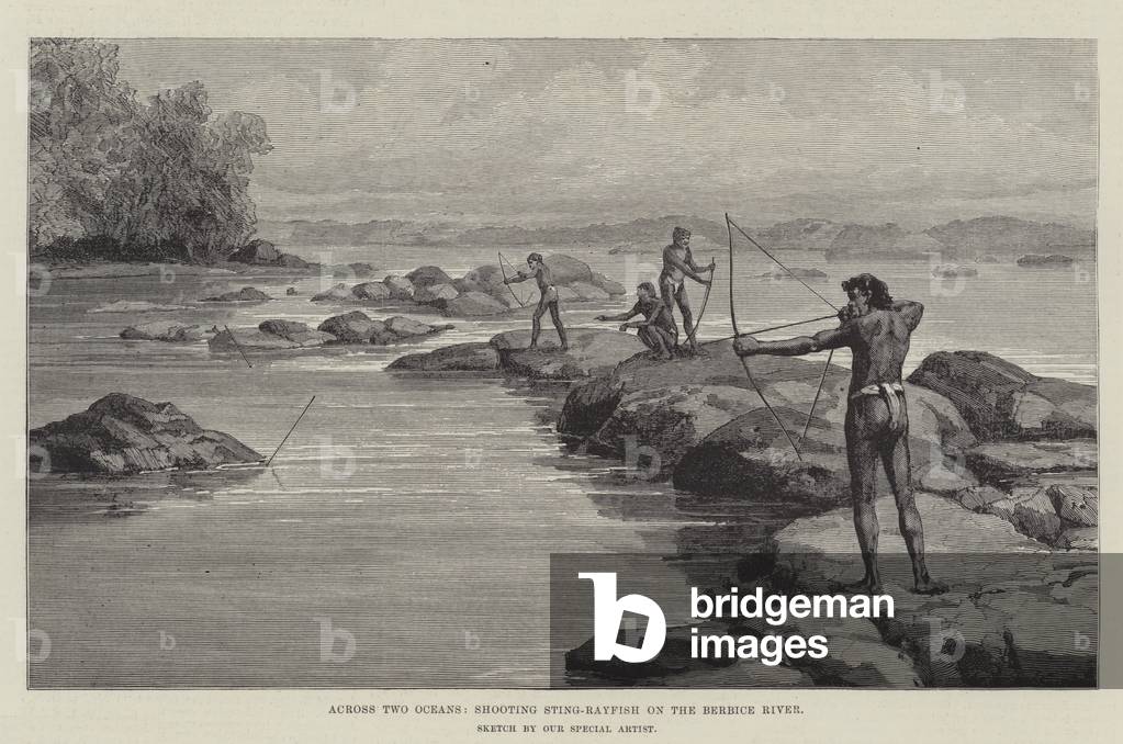 Across Two Oceans, shooting Sting-Rayfish on the Berbice River (engraving)