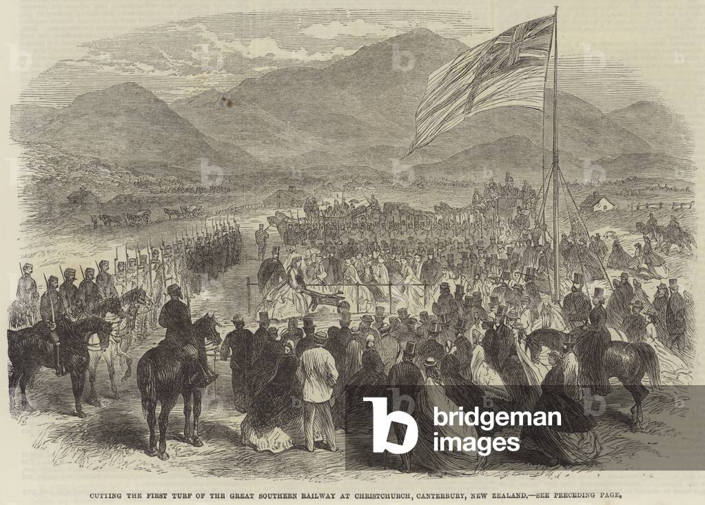 Cutting the First Turf of the Great Southern Railway at Christchurch, Canterbury, New Zealand (engraving)