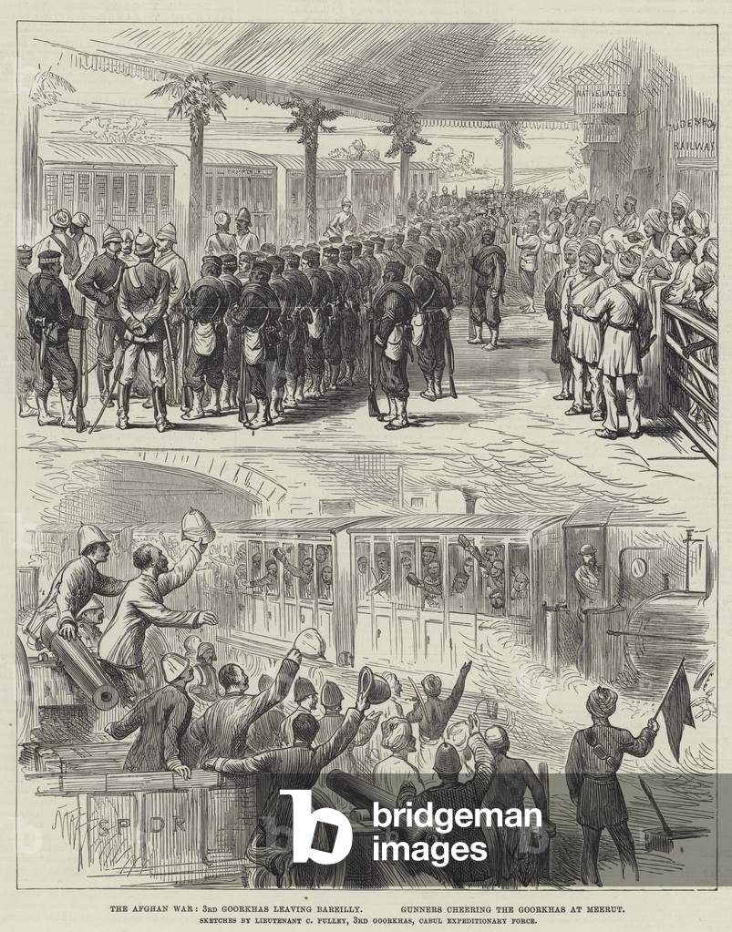 The Afghan War, 3rd Goorkhas leaving Bareilly, Gunners cheering the Goorkhas at Meerut (engraving)