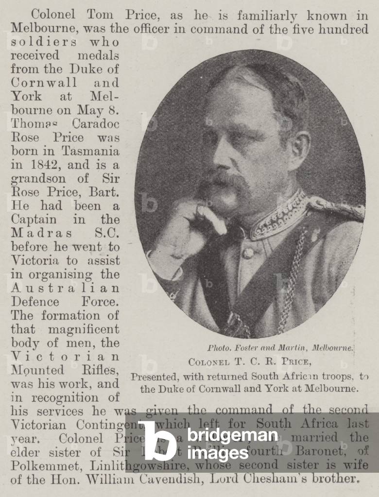 Colonel T C R Price, presented, with returned South African troops, to the Duke of Cornwall and York at Melbourne (b/w photo)