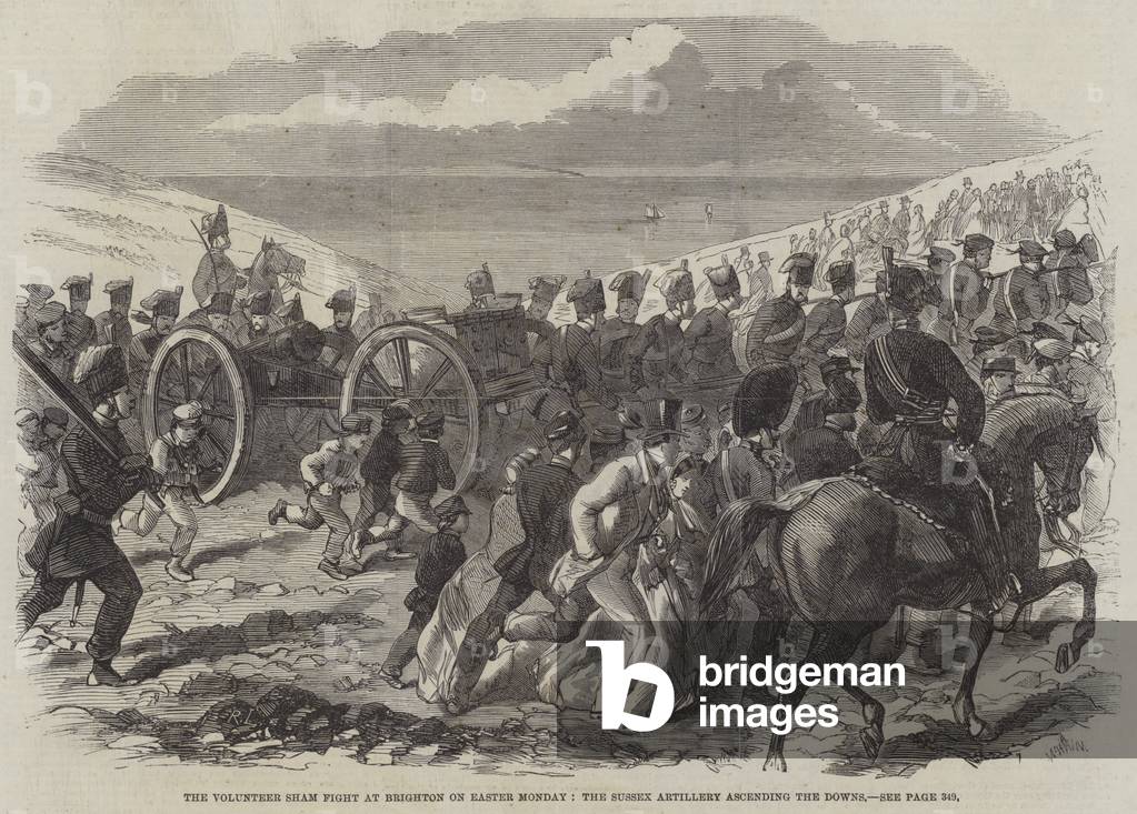 The Volunteer Sham Fight at Brighton on Easter Monday, the Sussex Artillery ascending the Downs (engraving)