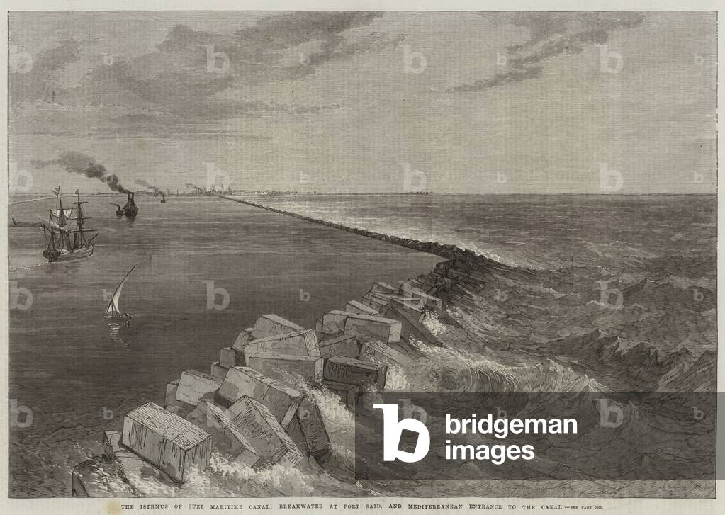The Isthmus of Suez Maritime Canal, Breakwater at Port Said, and Mediterranean Entrance to the Canal (engraving)