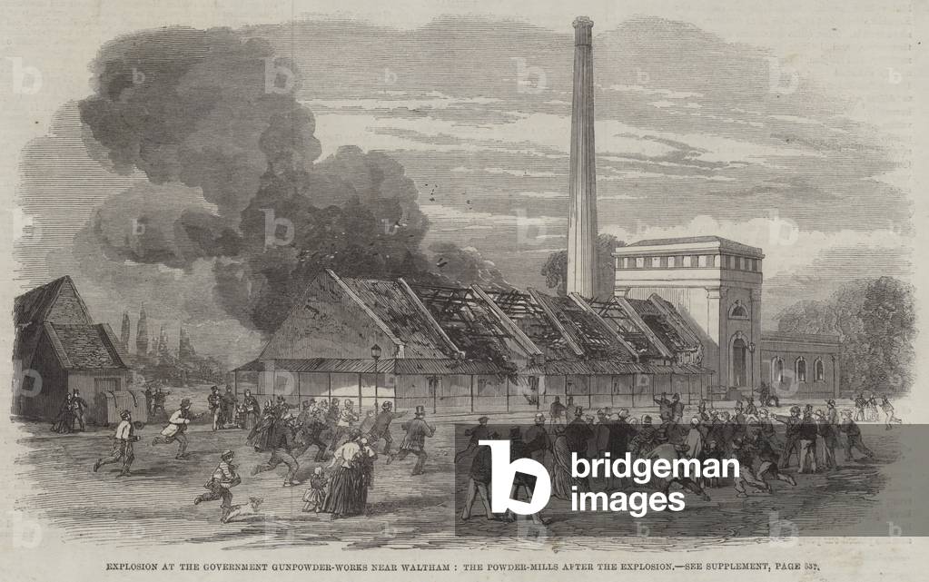 Explosion at the Government Gunpowder-Works near Waltham, the Powder-Mills after the Explosion (engraving)