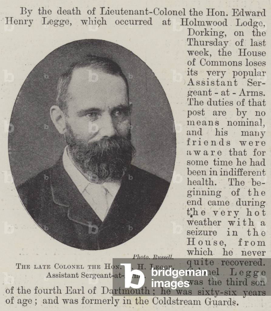 The late Colonel the Honourable E H Legge, Assistant Sergeant-at-Arms (b/w photo)