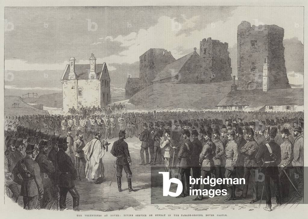 The Volunteers at Dover, Divine Service on Sunday in the Parade-Ground, Dover Castle (engraving)