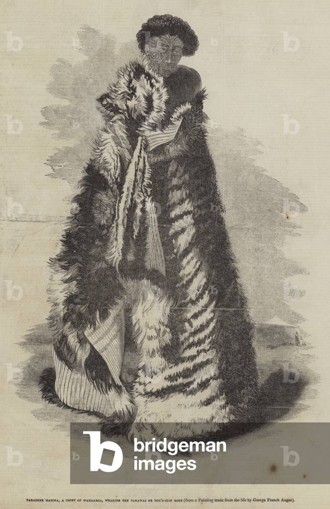 Paratene Maioha, a Chief of Wangaroa, wearing the Parawai or Dog's-Skin Robe (engraving)