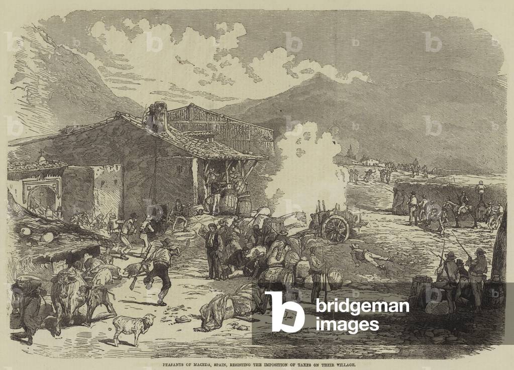 Peasants of Maceda, Spain, resisting the Imposition of Taxes on their Village (engraving)