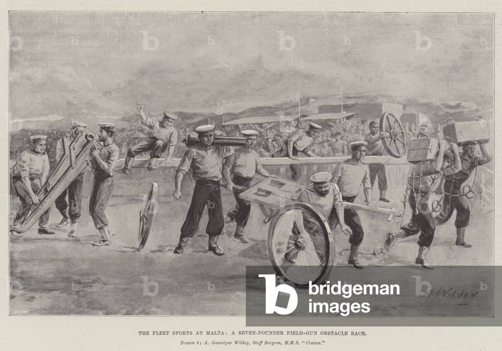 The Fleet Sports at Malta, a Seven-Pounder Field-Gun Obstacle Race (litho)
