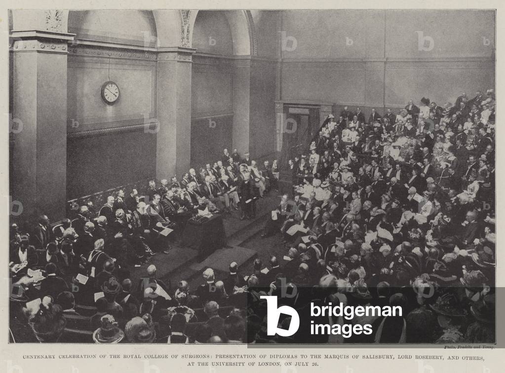 Centenary Celebration of the Royal College of Surgeons, Presentation of Diplomas to the Marquis of Salisbury, Lord Rosebery, and Others, at the University of London, on 26 July (b/w photo)