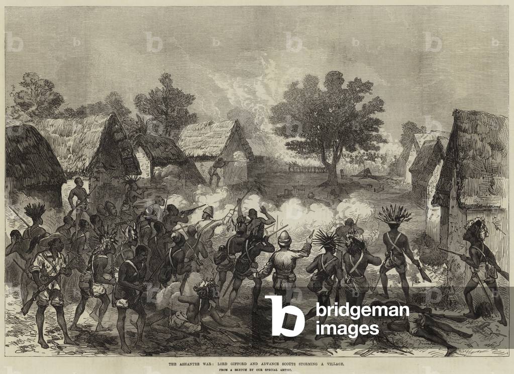 The Ashantee War, Lord Gifford and Advance Scouts storming a Village (engraving)