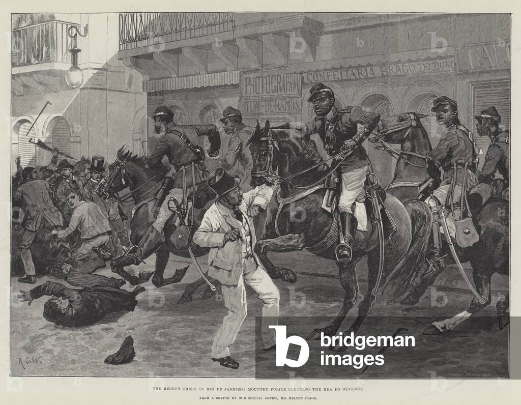 The Recent Crisis in Rio de Janeiro, Mounted Police clearing the Rua do Ouvidor (engraving)