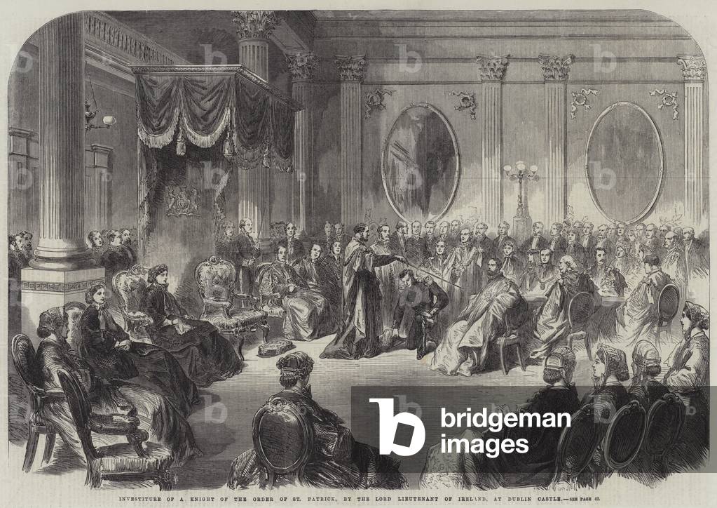 Investiture of a Knight of the Order of St Patrick, by the Lord Lieutenant of Ireland, at Dublin Castle (engraving)