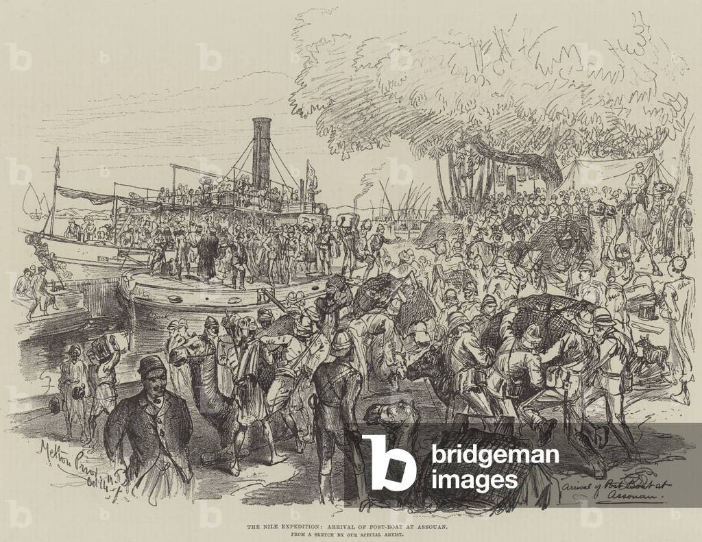 The Nile Expedition, Arrival of Post-Boat at Assouan (litho)