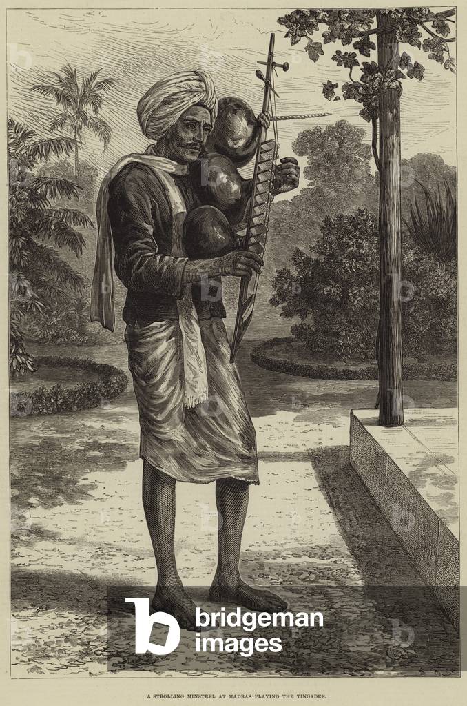 A Strolling Minstrel at Madras playing the Tingadee (engraving)