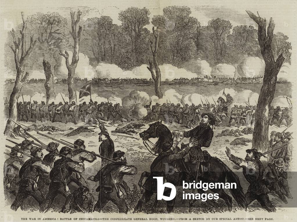 The War in America, Battle of Chicamauga, the Confederate General Hood, Wounded (engraving)