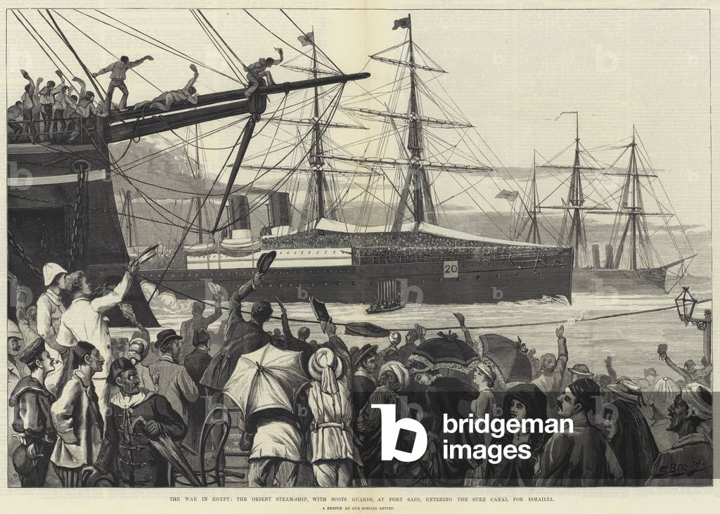 The War in Egypt, the Orient Steam-Ship, with Scots Guards, at Port Said, entering the Suez Canal for Ismailia (engraving)