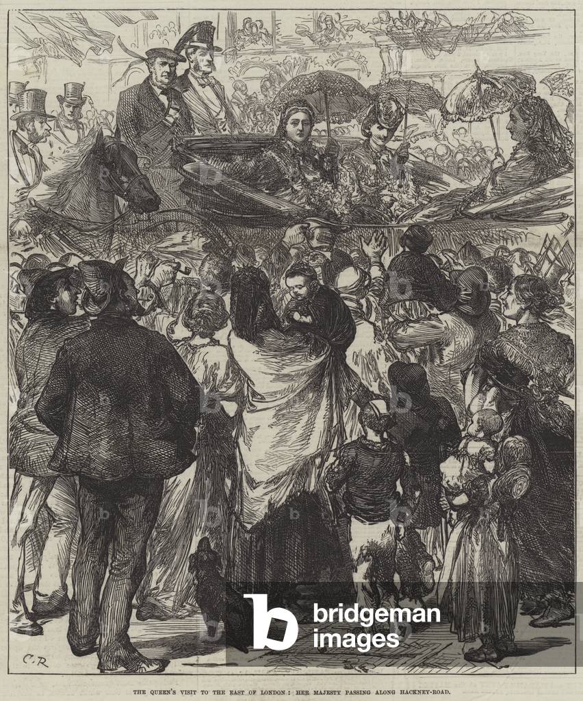 The Queen's Visit to the East of London, Her Majesty passing along Hackney-Road (engraving)