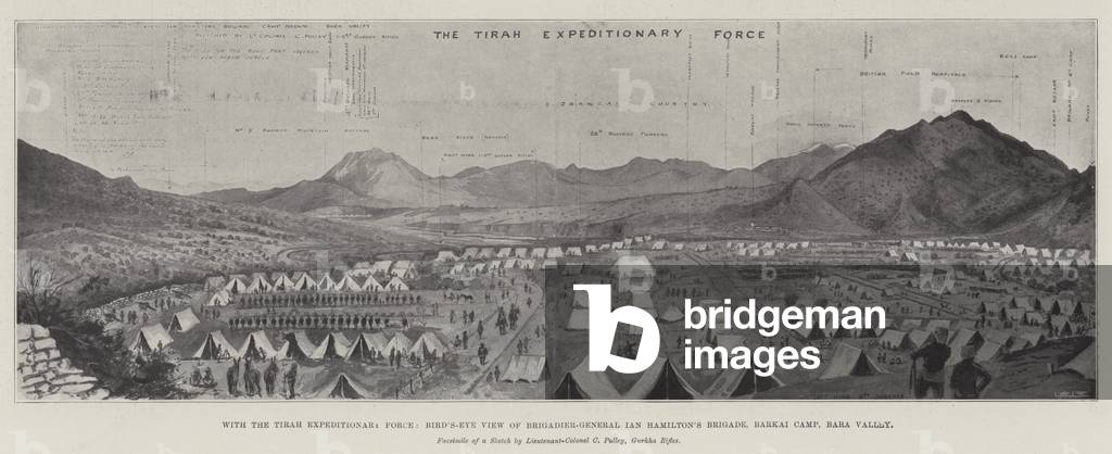 With the Tirah Expeditionary Force, Bird's-Eye View of Brigadier-General Ian Hamilton's Brigade, Barkai Camp, Bara Valley (litho)