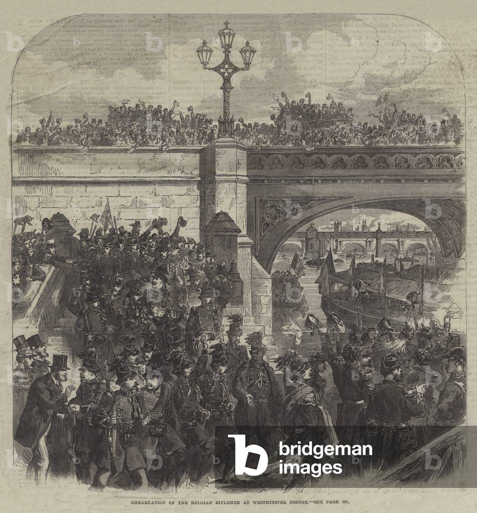 Embarkation of the Belgian Riflemen at Westminster Bridge (engraving)