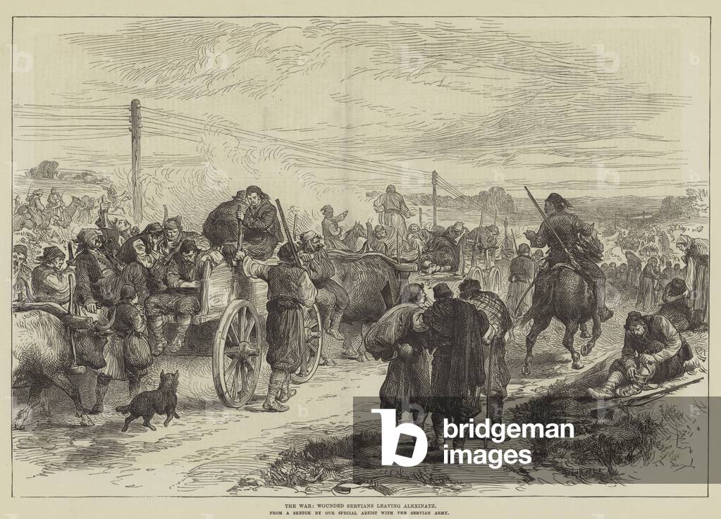 The War, Wounded Servians leaving Alexinatz (engraving)