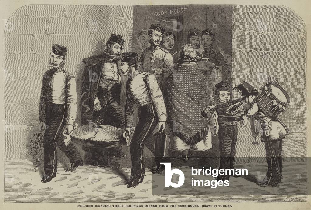Soldiers bringing their Christmas Dinner from the Cook-House (engraving)
