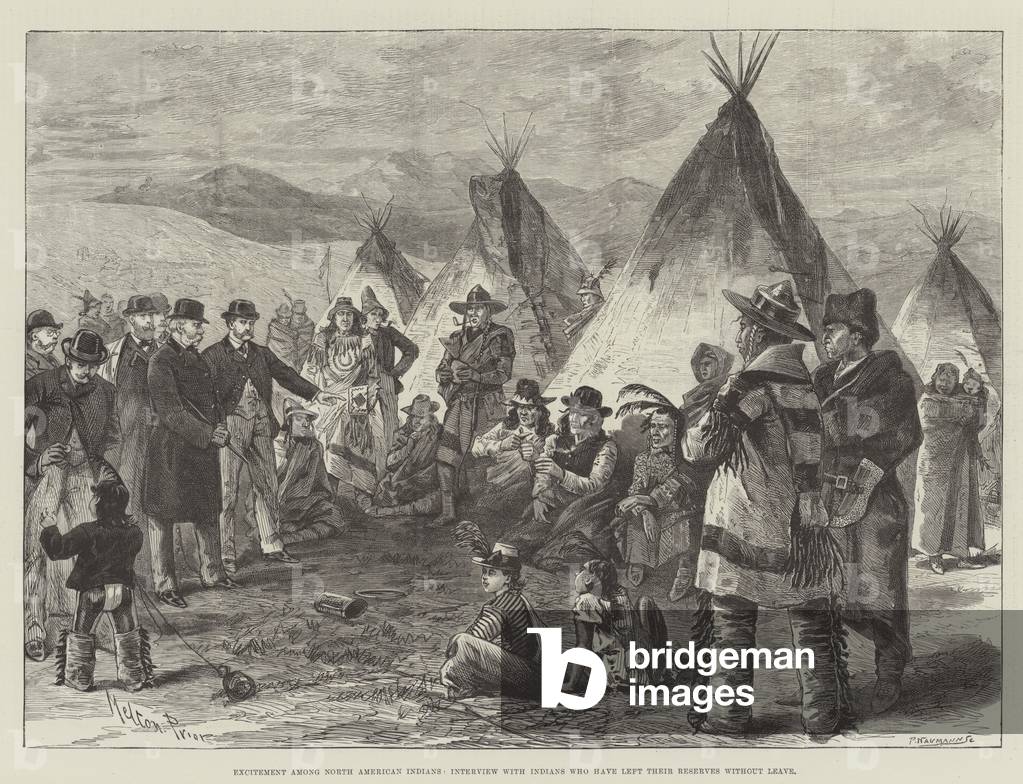 Excitement among North American Indians, Interview with Indians who have left their Reserves without Leave (engraving)