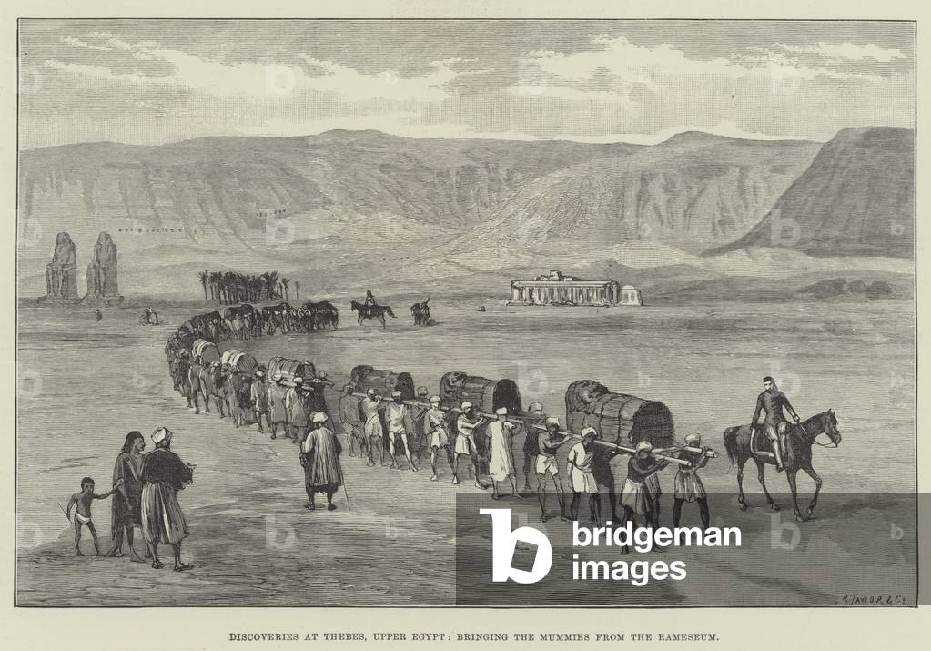 Discoveries at Thebes, Upper Egypt, bringing the Mummies from the Rameseum (engraving)