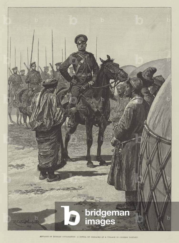 Advance of Russian Civilisation, a Sotnia of Cossacks at a Village in Chinese Tartary (engraving)