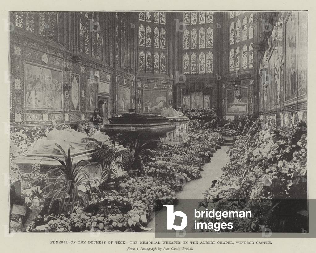 Funeral of the Duchess of Teck, the Memorial Wreaths in the Albert Chapel, Windsor Castle (b/w photo)