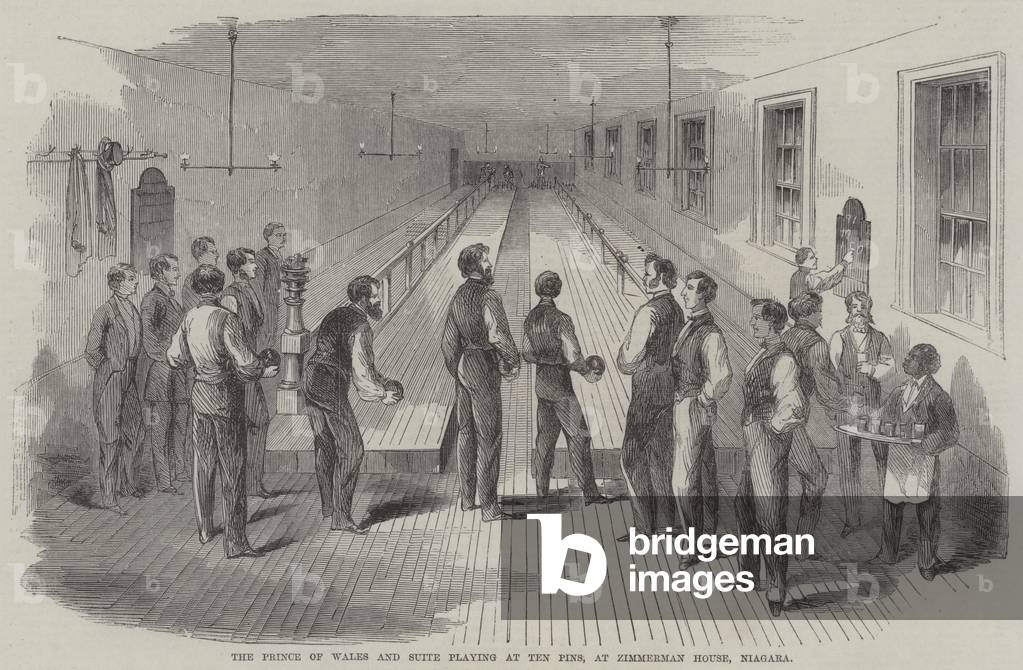 The Prince of Wales and Suite Playing at Ten Pins, at Zimmerman House, Niagara (engraving)