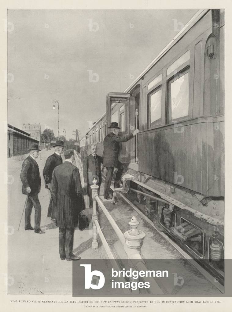 King Edward VII in Germany, His Majesty inspecting his New Railway Saloon, projected to run in Conjunction with that now in use (litho)