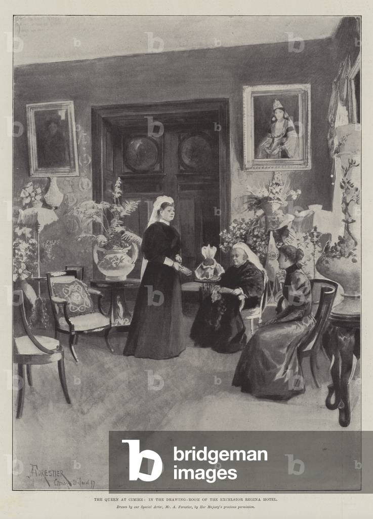 The Queen at Cimiez, in the Drawing-Room of the Excelsior Regina Hotel (litho)