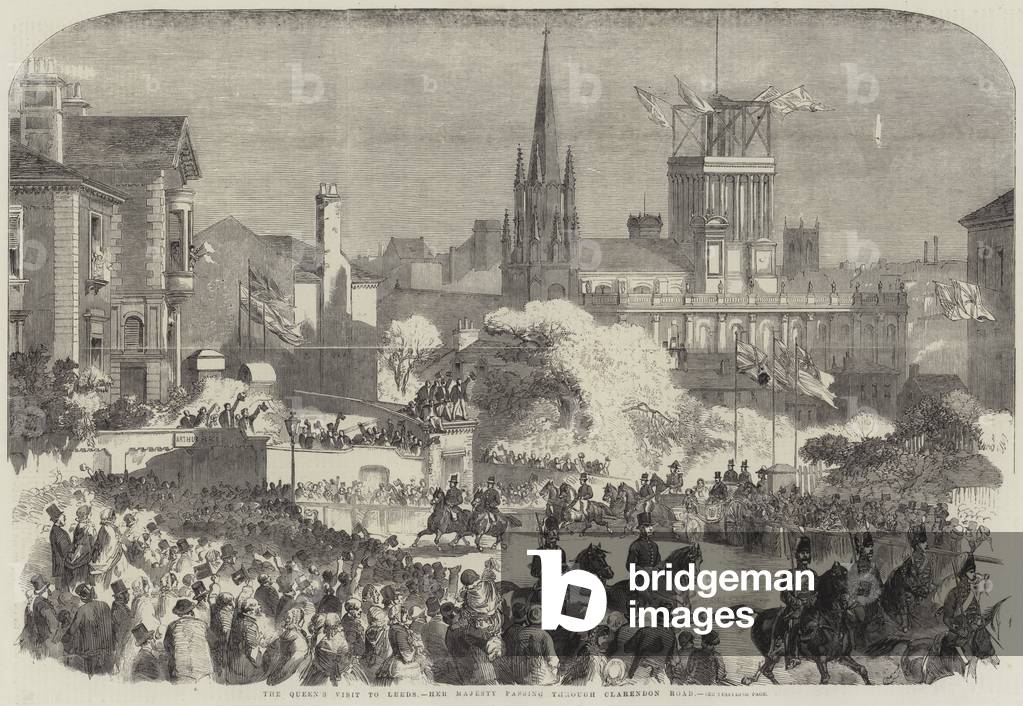 The Queen's Visit to Leeds, Her Majesty passing through Clarendon Road (engraving)