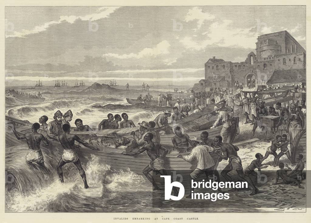 Invalids embarking at Cape Coast Castle (engraving)