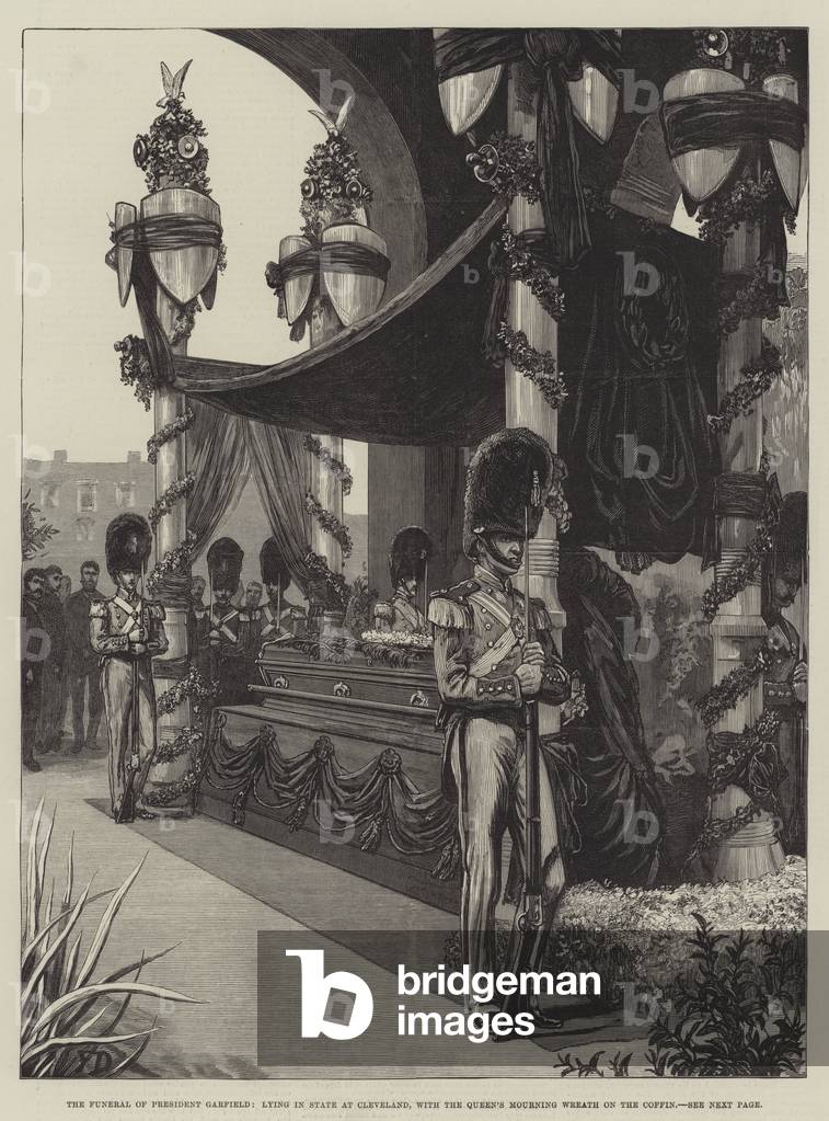 The Funeral of President Garfield, Lying in State at Cleveland, with the Queen's Mourning Wreath on the Coffin (engraving)