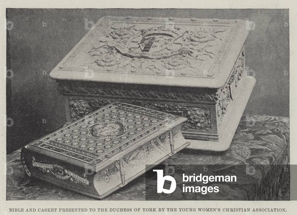 Bible and Casket presented to the Duchess of York by the Young Women's Christian Association (b/w photo)