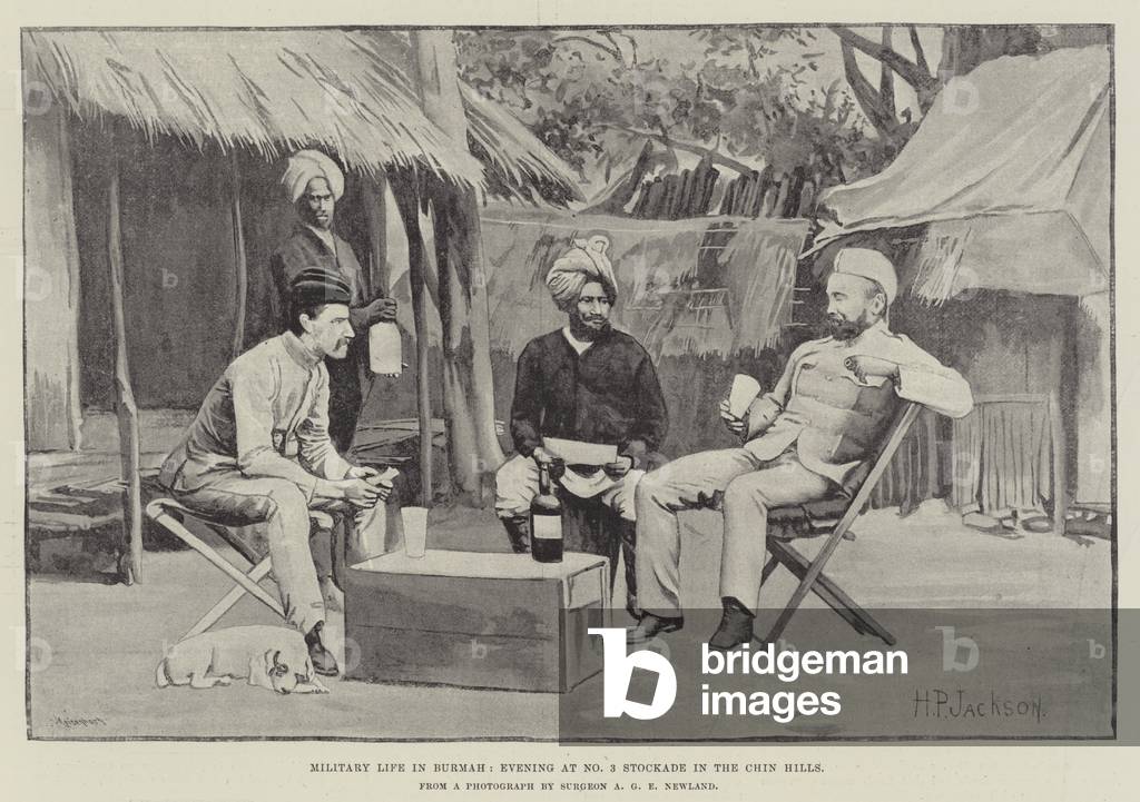 Military Life in Burmah, Evening at No 3 Stockade in the Chin Hills (litho)