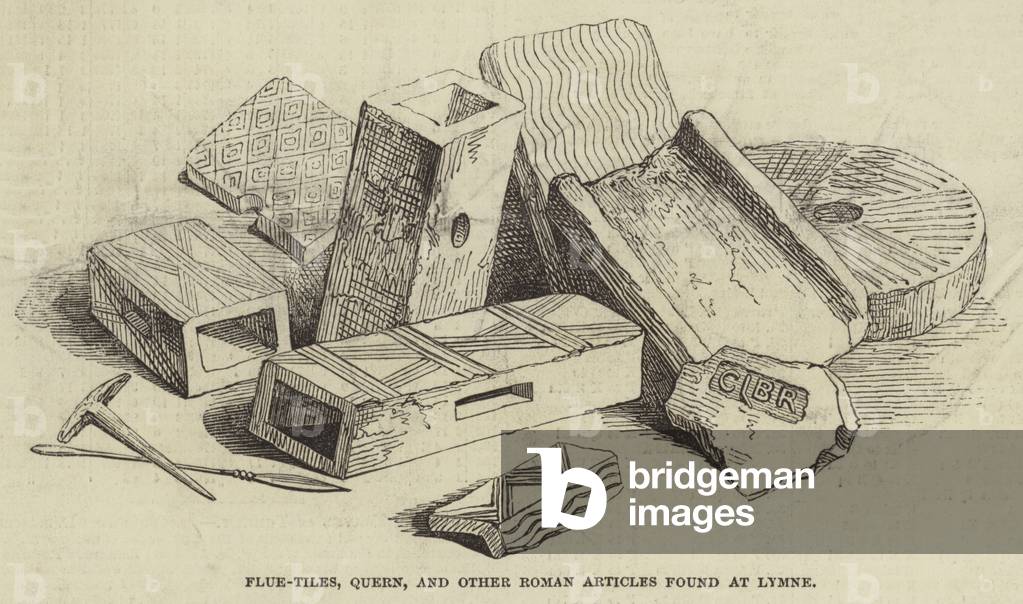 Flue-Tiles Quern, and other Roman Articles found at Lymne (engraving)